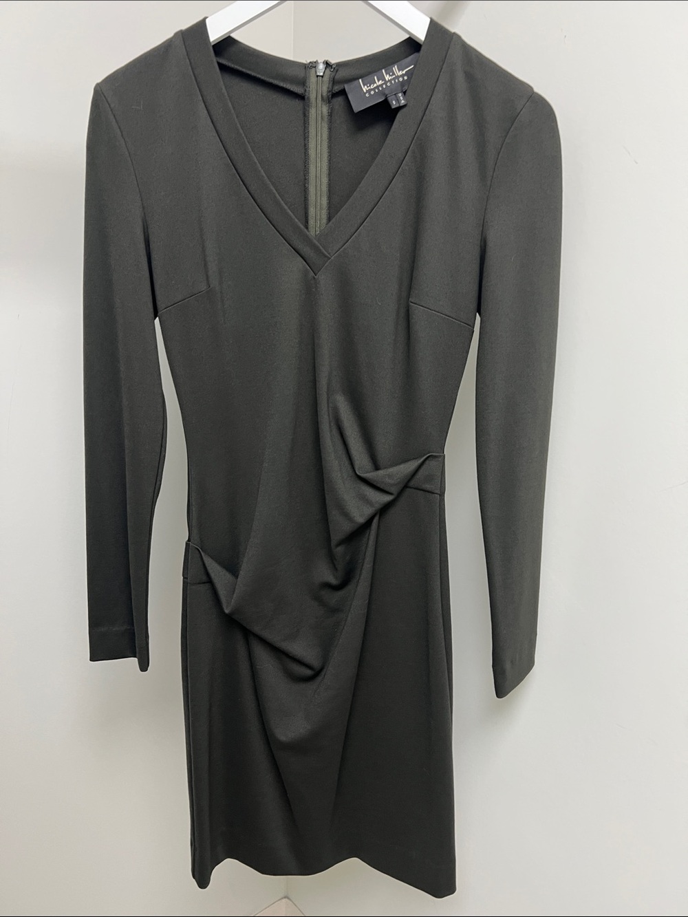 Nicole Miller Black Long-Sleeve V-Neck Draped Sheath Dress